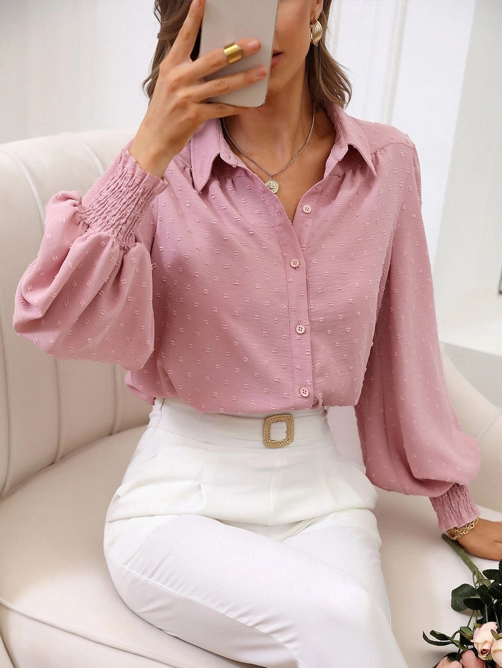 Women's Autumn Women Shirt Collared Lantern Sleeve Solid Color Shirt