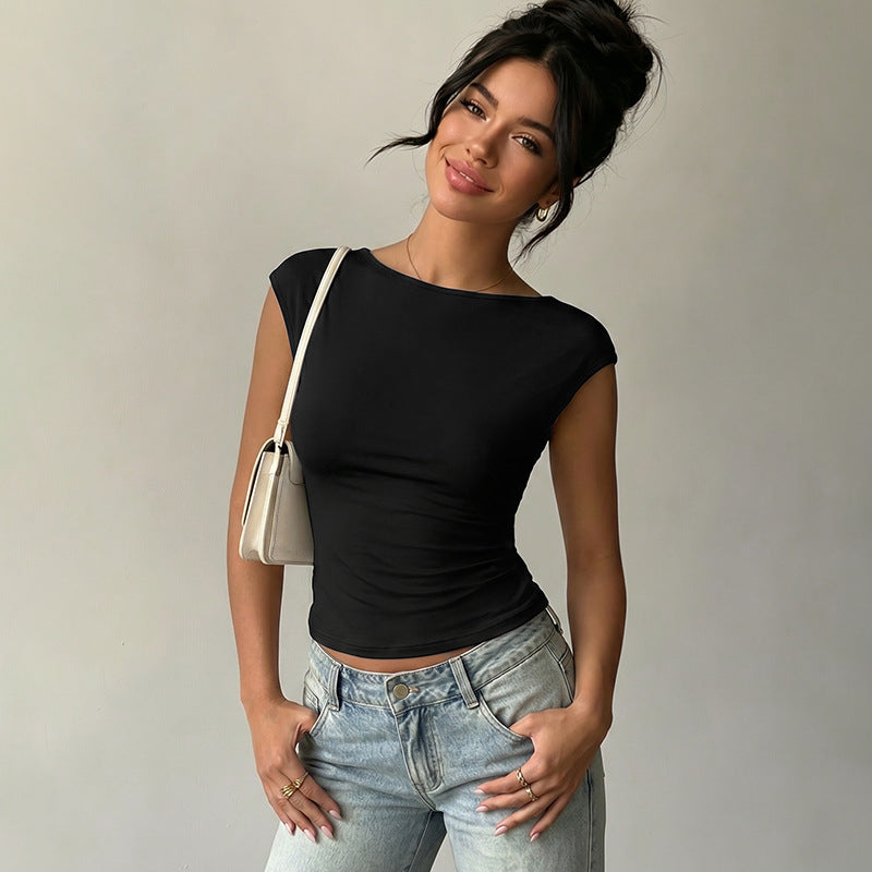 Short Sleeved Shirt for Women Summer Backless Stitching