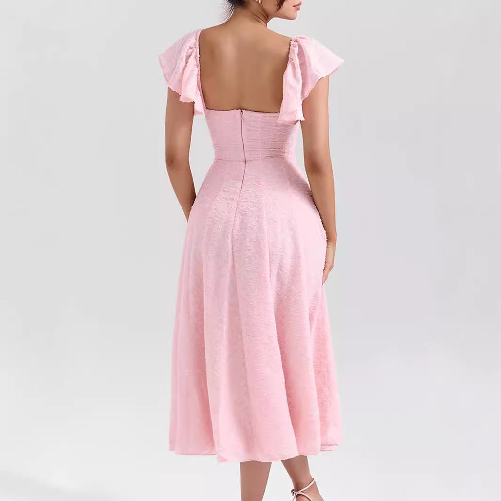 Pink Sweetheart Ruched Short-Sleeve A-Line Midi Dress