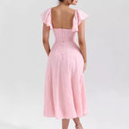 Pink Sweetheart Ruched Short-Sleeve A-Line Midi Dress