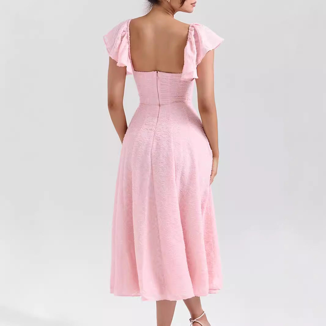 Pink Sweetheart Ruched Short-Sleeve A-Line Midi Dress