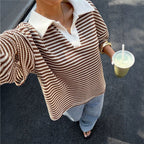 Spring Summer Loose Striped V Collar Contrast Color Drop