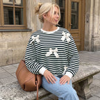 Casual Retro Striped Lace up round Neck Long Sleeve Sweater