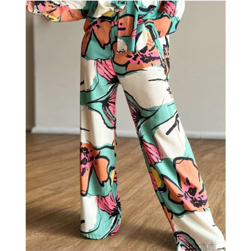 Women's Elegant Women's Printed Office Shirt High Waist Wide Leg Pants