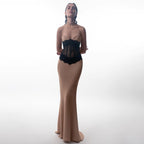 Women's Apricot Lace Stretch Strapless Dress Slim High Elastic Sheath Summer