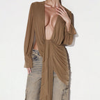 Women Clothing Autumn Solid Color Casual Deep V Plunge neck
