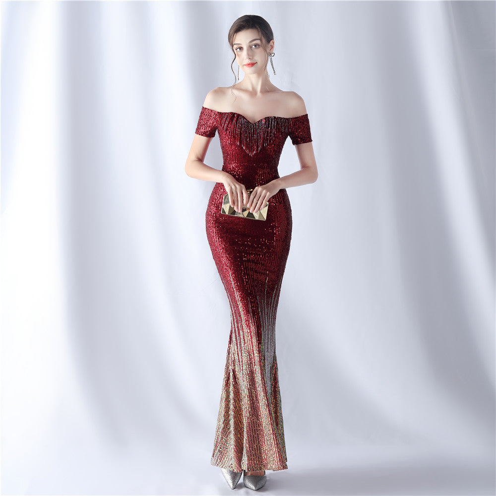 Women's Gradient Sequin Embellished Mix Match Beads Elegant Evening Dress