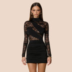 Autumn Winter Solid Color Half Collar Lace Stitching Long Sleeve Narrow Dr