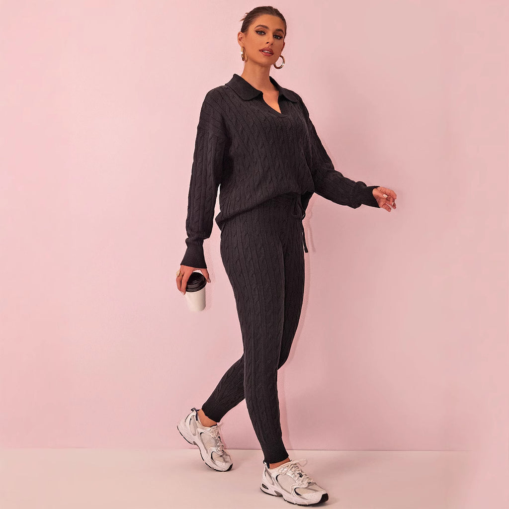 Autumn Winter Solid Color Sweater Trousers Knitted Two Piece