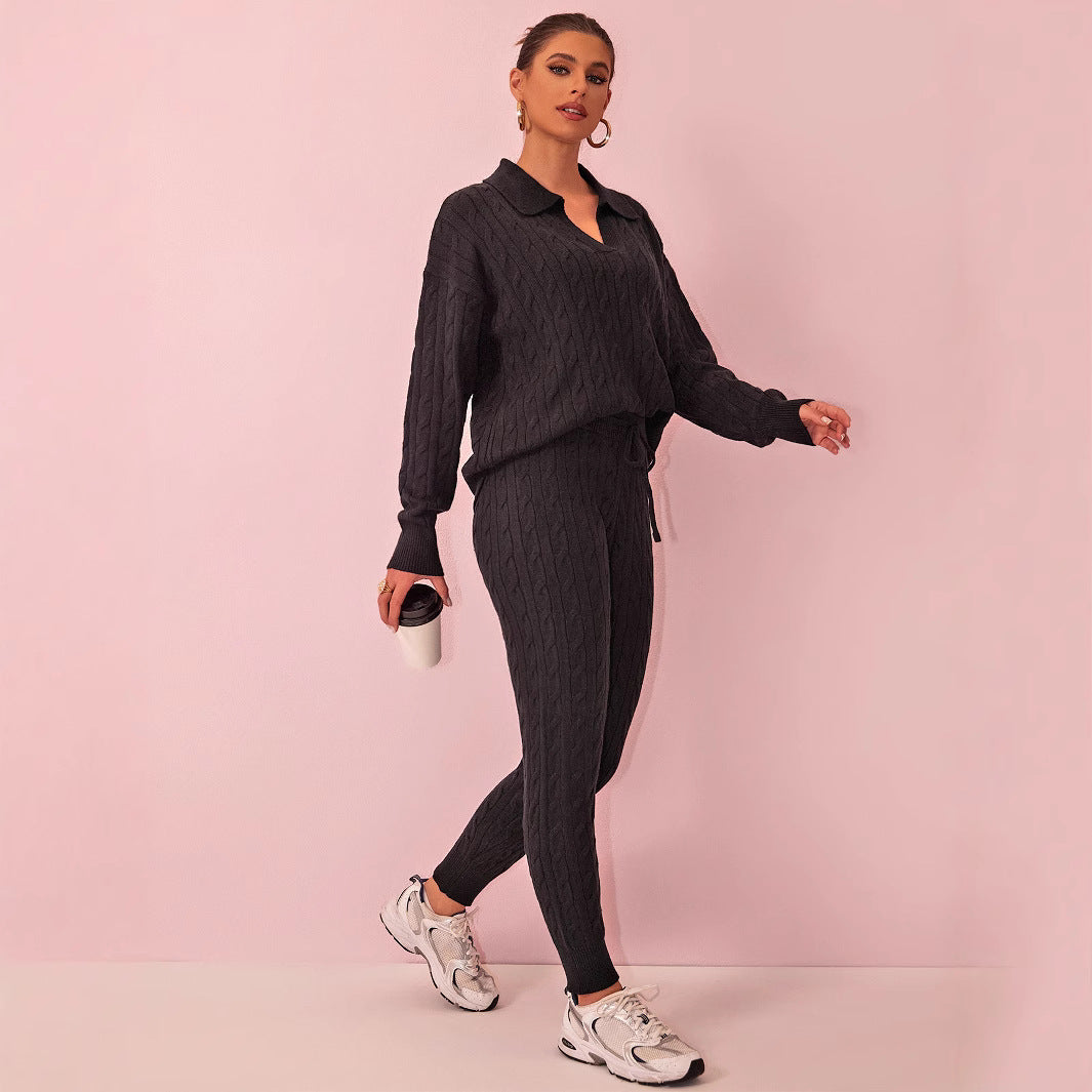 Autumn Winter Solid Color Sweater Trousers Knitted Two Piece