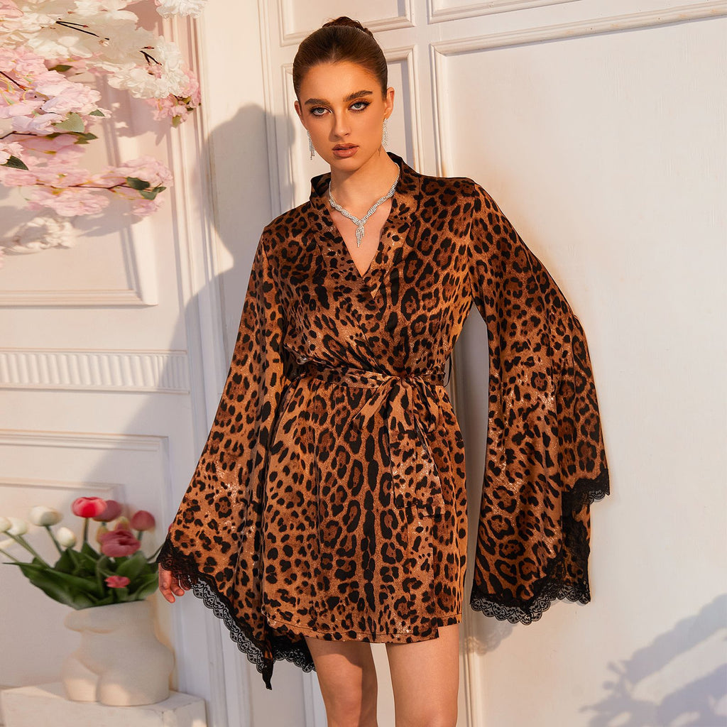 Leopard Satin Lace-Trim Robe