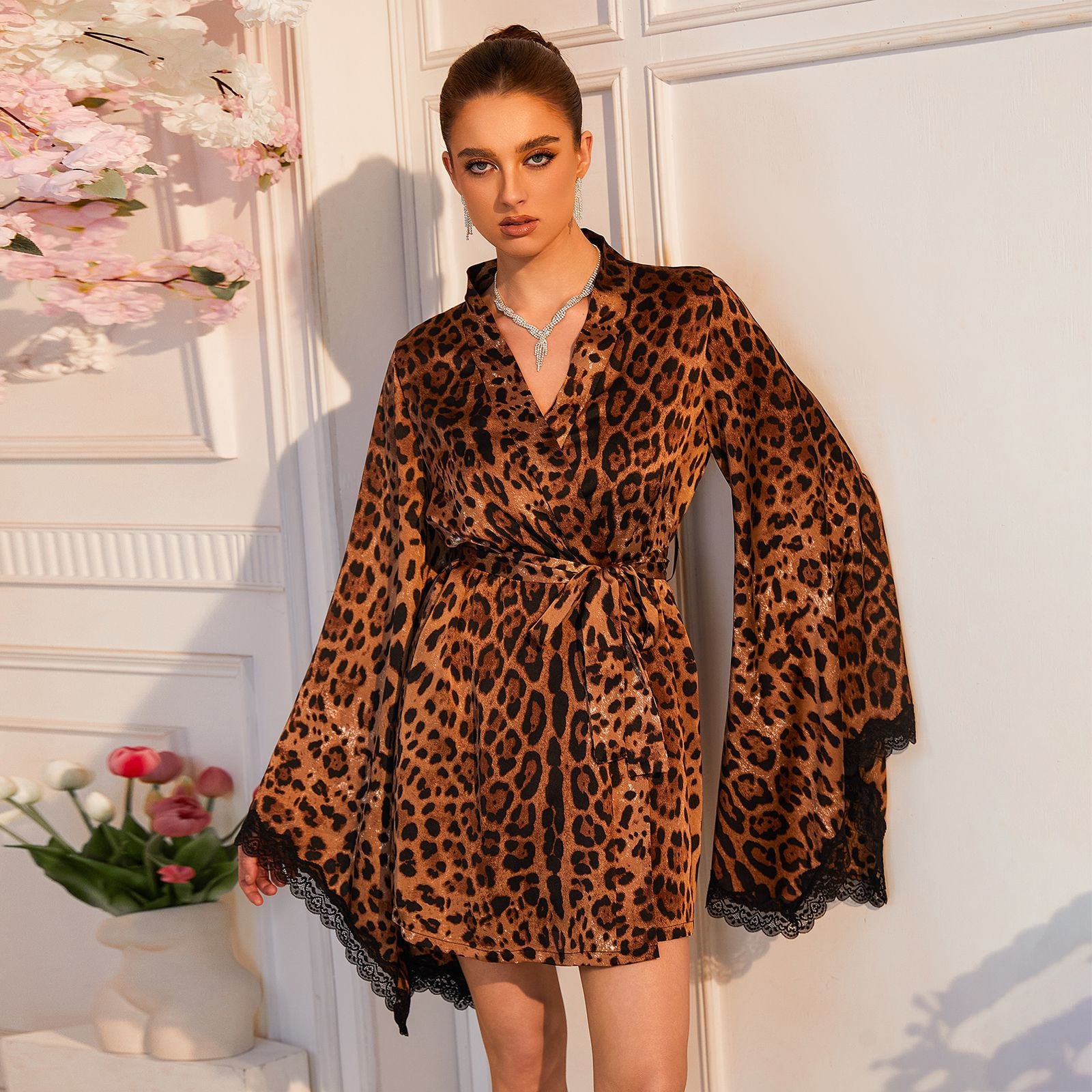 Leopard Satin Lace-Trim Robe