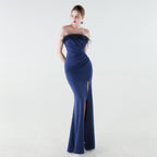 Women's Strapless Feather Slim Fishtail High Open Cocktail Evening Dress