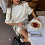 Spring Summer Glossy round Neck Loose Pullover Short Sleeved T shirt Women Lace Stitching Shorts Set