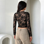 Women's Sexy Wind Black Lace Square Collar Long Sleeve Short Top Women