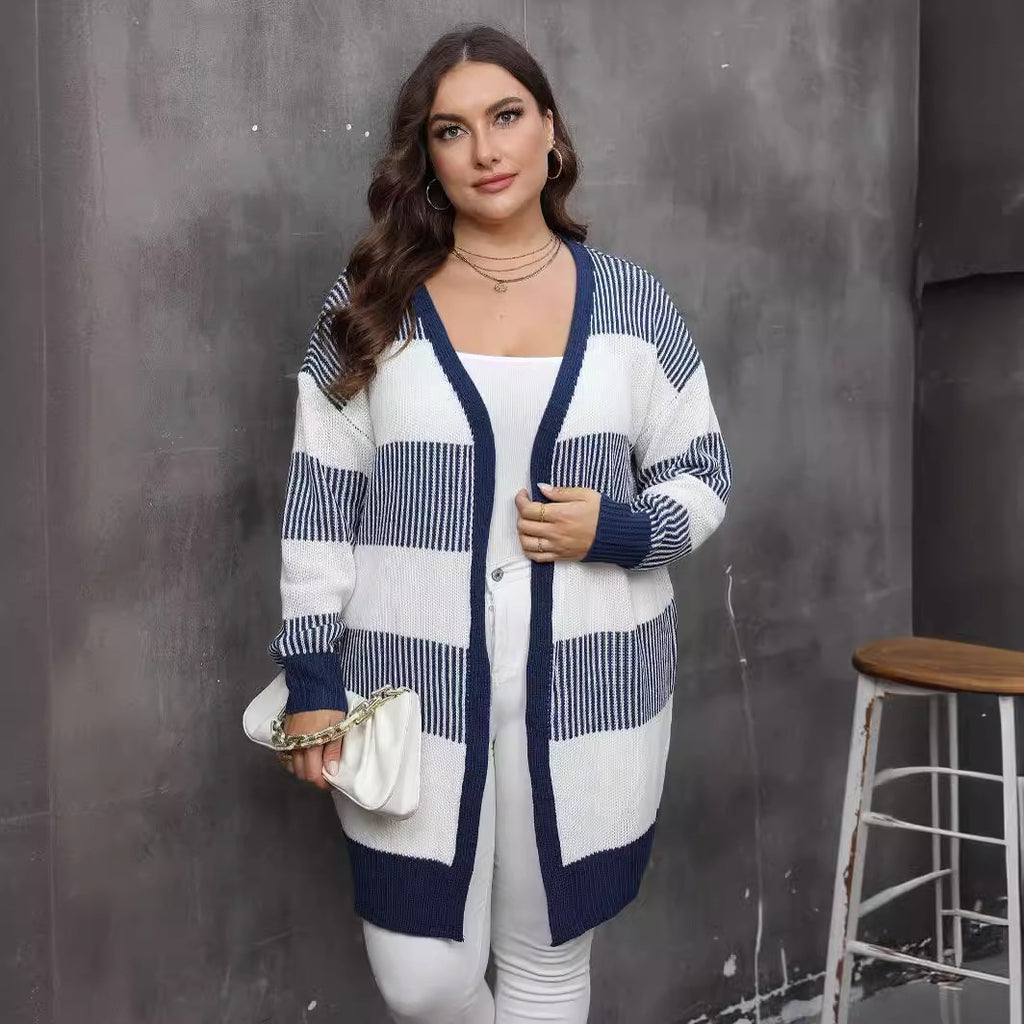 Plus SizeWomen Cardigan Autumn Winter Women Clothes Contrast Color Striped Stitching Woven Casual Sweater Coat