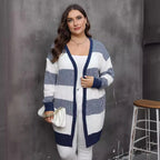 Plus SizeWomen Cardigan Autumn Winter Women Clothes Contrast Color Striped Stitching Woven Casual Sweater Coat