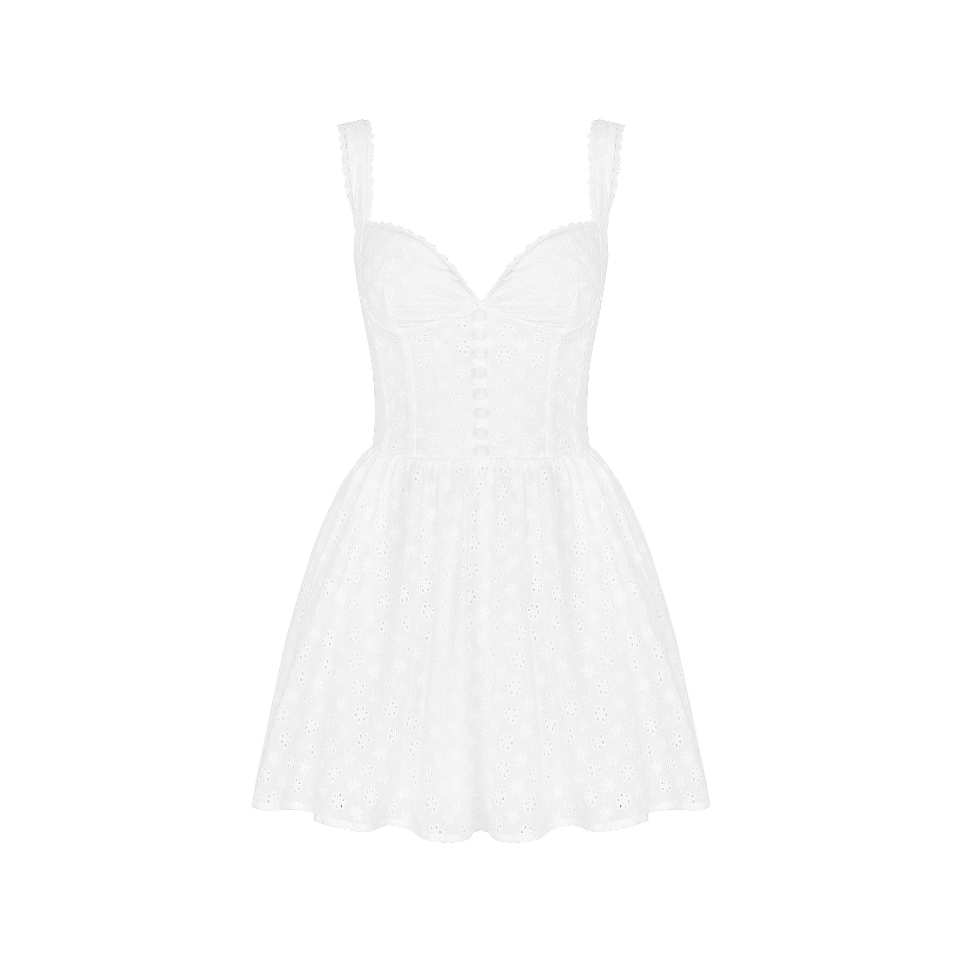 White Lace V-Neck Embroidered Sleeveless A-Line Mini Dress