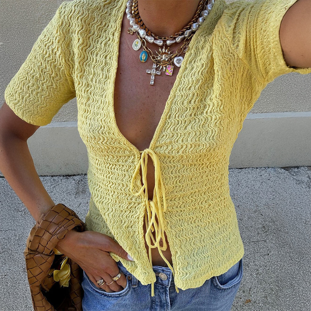 Sexy Short Sleeve Lace up T shirt Top Women Clothing Autumn