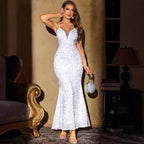 Women's White Sequin Backless Prom Maxi Dress