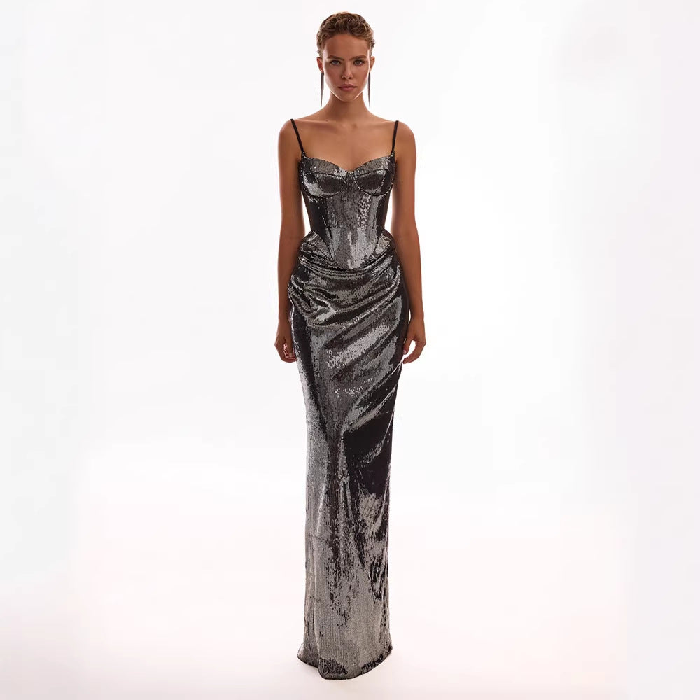 Women's Sleeveless Sequin Strappy Dress Backless Lace Up Sheath Skirt Sets