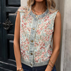 Floral Denim Vest round Neck Sleeveless Jacquard Crop Top Vest Coat