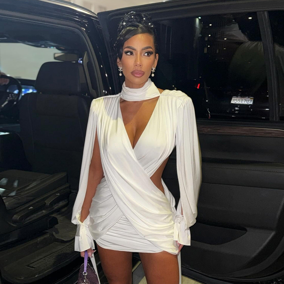 Women's Mock-Neck Cutout Backless Long-Sleeve Mini Dress