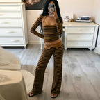 Women's Lace Halter Top, Straight Pants & Striped Set