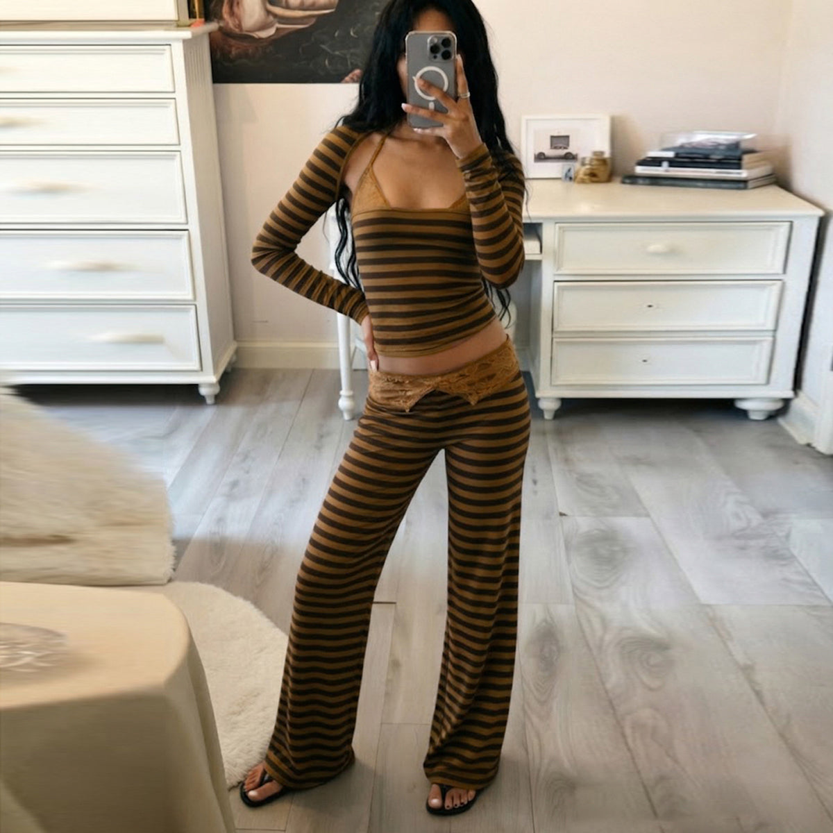 Women's Lace Halter Top, Straight Pants & Striped Set