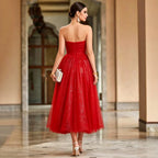 Women's Red Strapless A-Line Evening Midi Dress