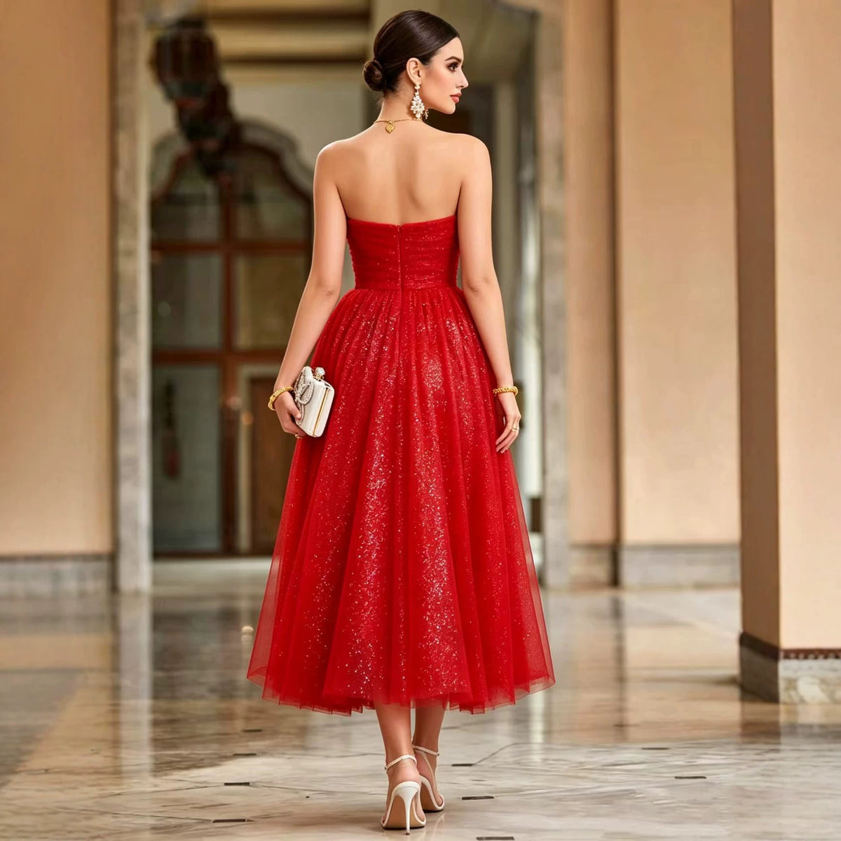Women's Red Strapless A-Line Evening Midi Dress