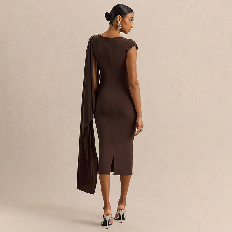 Brown sleeveless midi dress with draped back and long cape-like side overlay