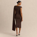 Brown sleeveless midi dress with draped back and long cape-like side overlay