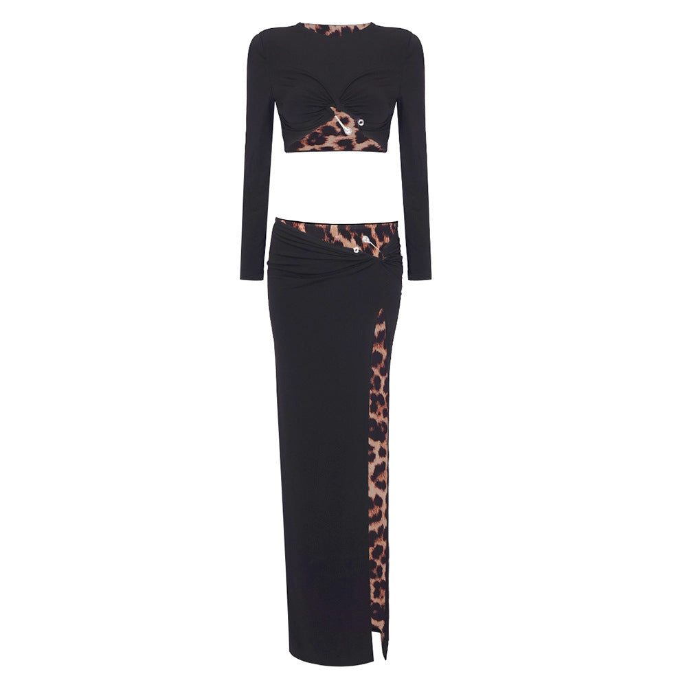 Spring Summer Black Long Sleeve Leopard Print Lining Two Piece Set High Slit Long
