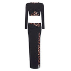 Spring Summer Black Long Sleeve Leopard Print Lining Two Piece Set High Slit Long