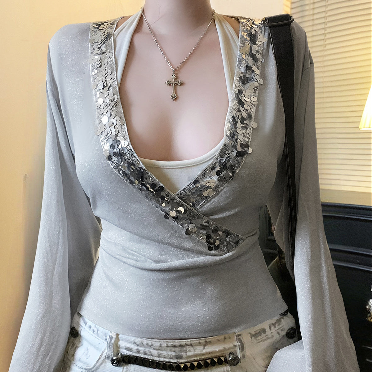 Women's Deep V Plunge Long Sleeve T-Shirt Sequined Bare Back Lace Up