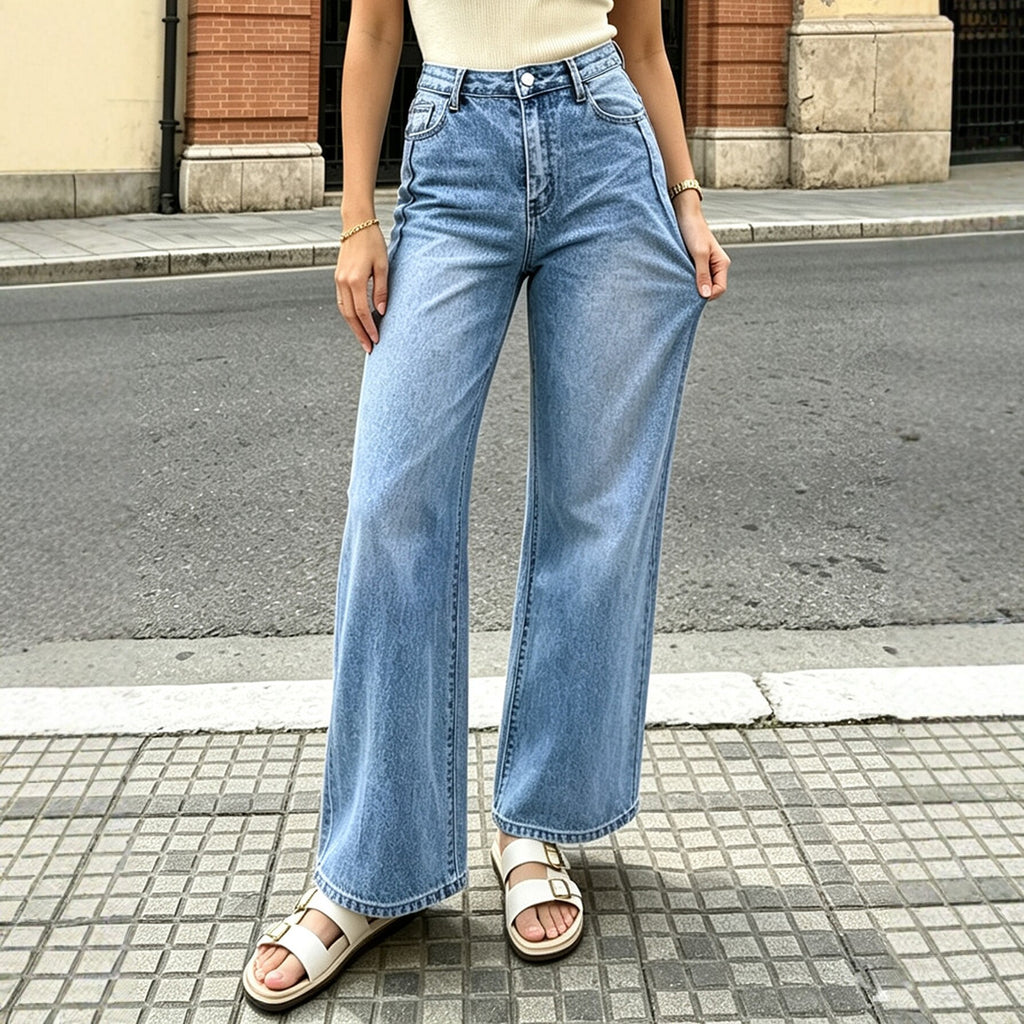 Straight Stretch Fried Snowflake Washed Jeans Women Wide Leg Loose Marked Trousers