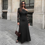 Women's Black One-Shoulder Lace Long-Sleeve Dress