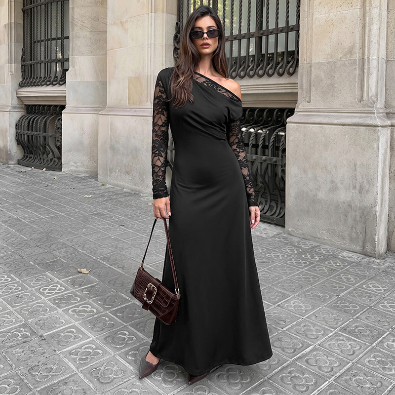 Women's Black One-Shoulder Lace Long-Sleeve Dress