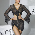 Women's Starry Mesh Two-Piece Top And Skirt Set