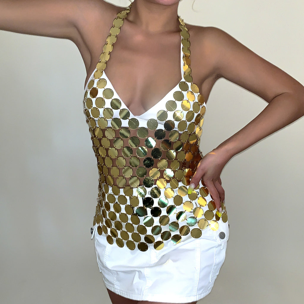 Women's Texture Sequin Sling Top Hollow Out Cutout Wafer Body Cha