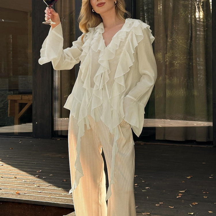 Ruffled Chiffon Long-Sleeve Shirt