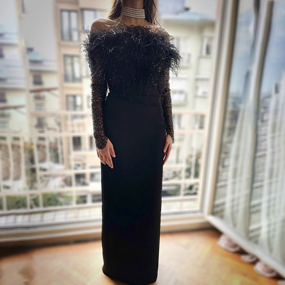 Women's Ostrich Feather Sequined Tube Top Bandage One Piece Dress