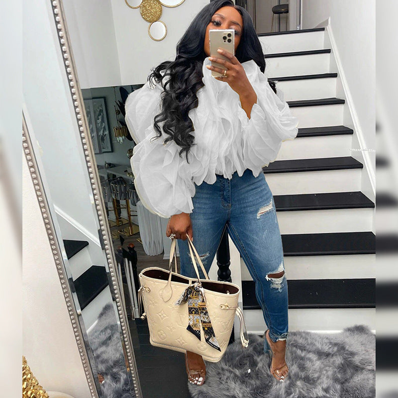 Women's Plus Size Layered Chiffon Puff Sleeve Top