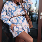 Blue Background Floral Print Shirt Outfit Women Summer