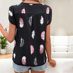 Women's Feather Print V-Neck Puff Sleeve Top