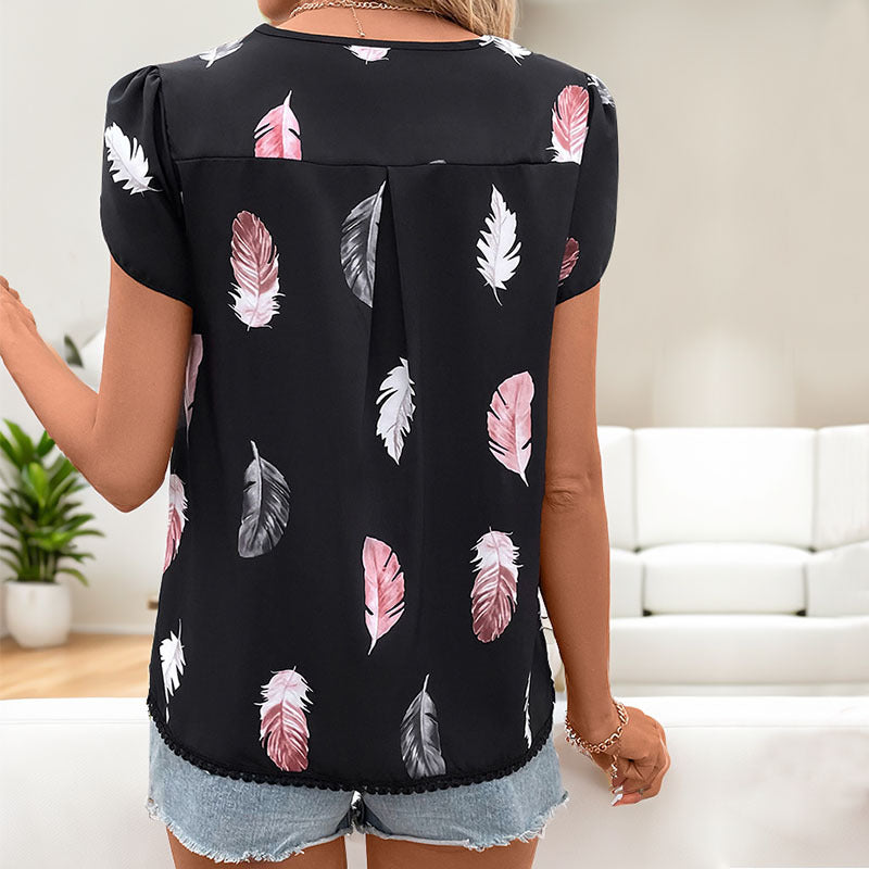 Women's Feather Print V-Neck Puff Sleeve Top