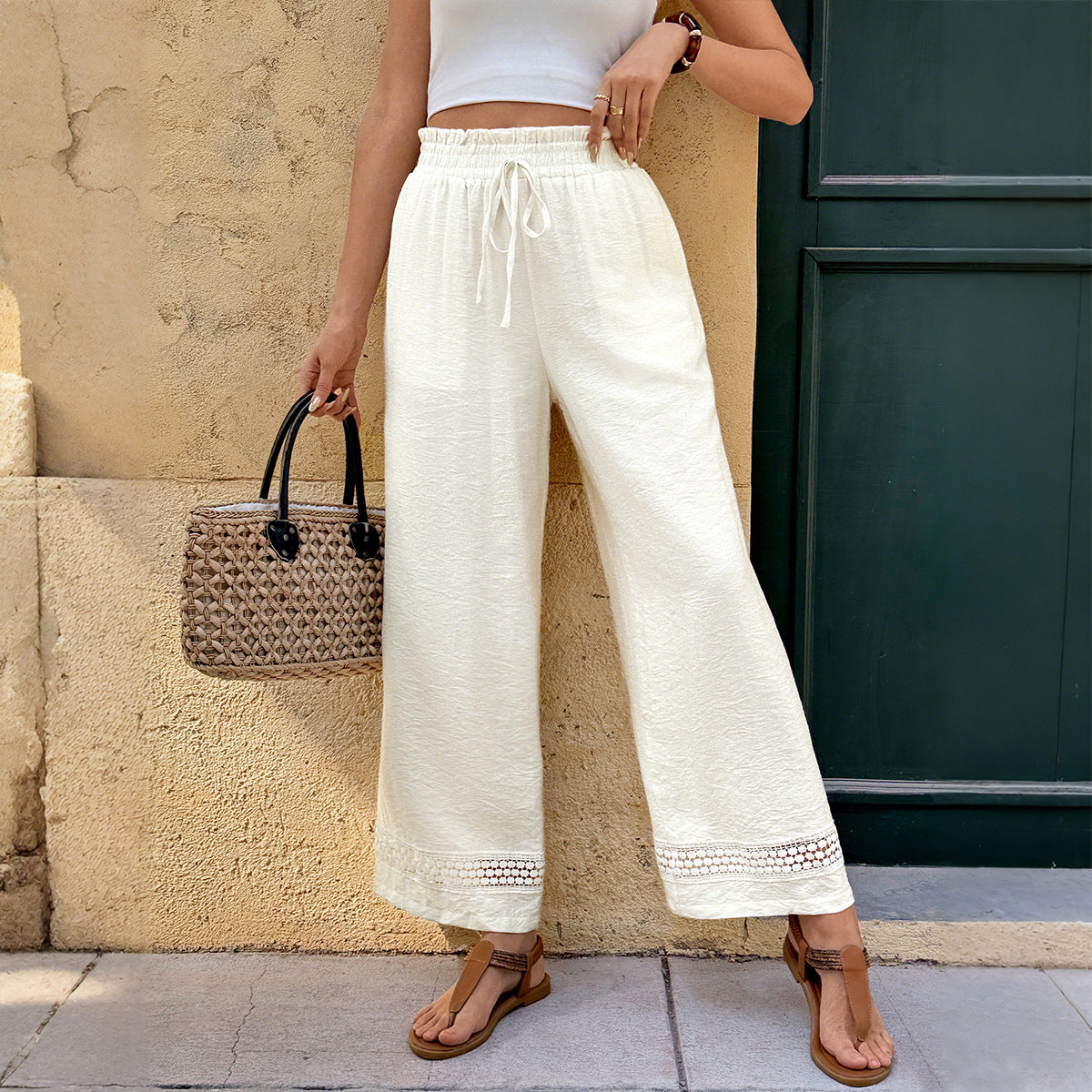 Holiday Pants Lace Stitching Elastic Waist Solid Color Wide Leg