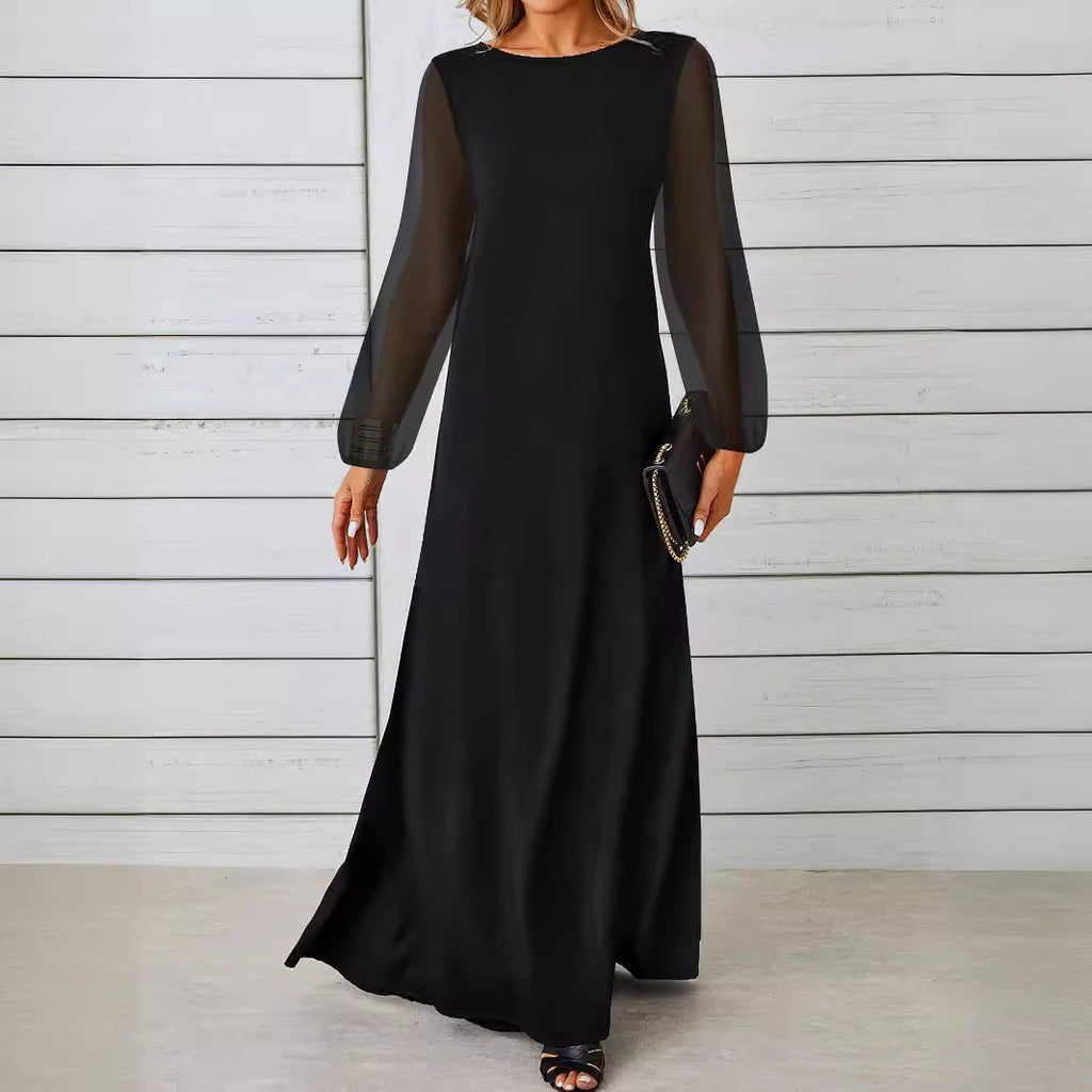 Women's Black Mesh-Panel Long-Sleeve Maxi Dress