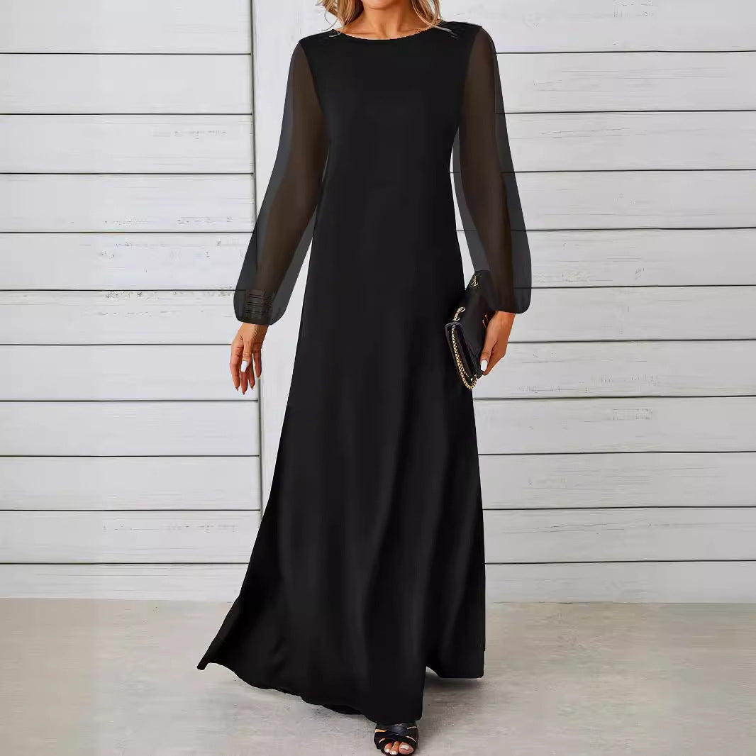 Women's Black Mesh-Panel Long-Sleeve Maxi Dress